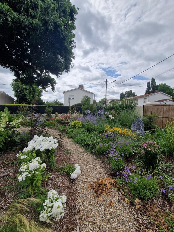 jardin fleuri avec allée